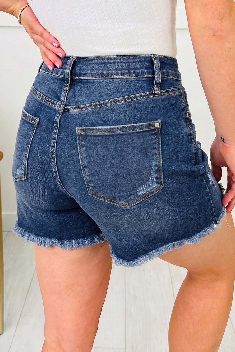 Sail Blue Asymmetric Raw Hem Distressed Whiskery Denim Shorts - Picture 2 of 4